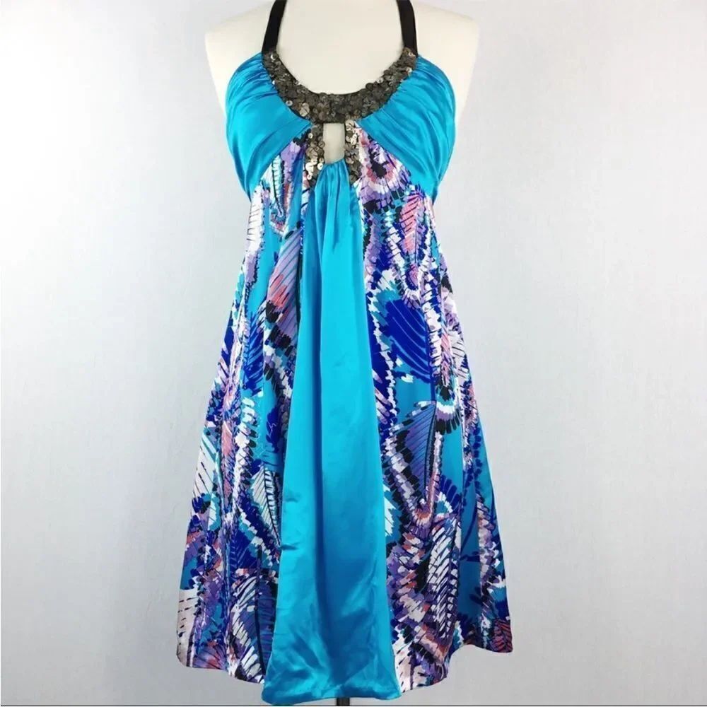 Y2K Bebe Blue Print Sequin Silk Halter Dress Feminine Event Party Club Boho